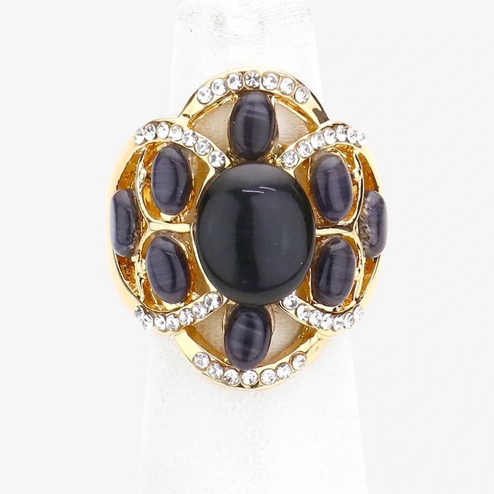 Gold & Black Oval Stone Embellished Stretch Ring